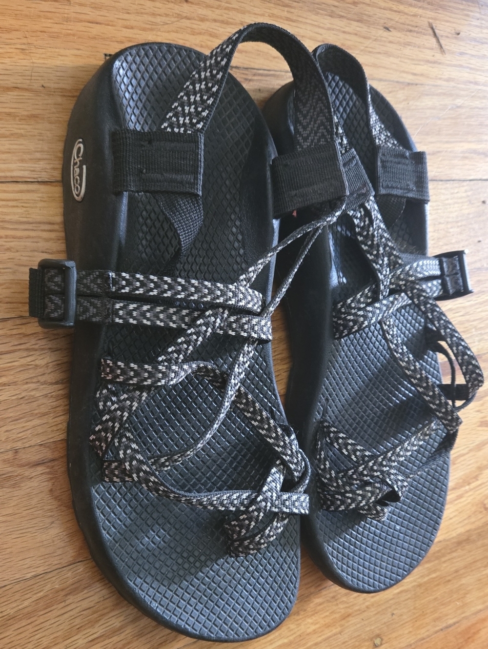 Chaco Black Sandals with White-Patterned Straps